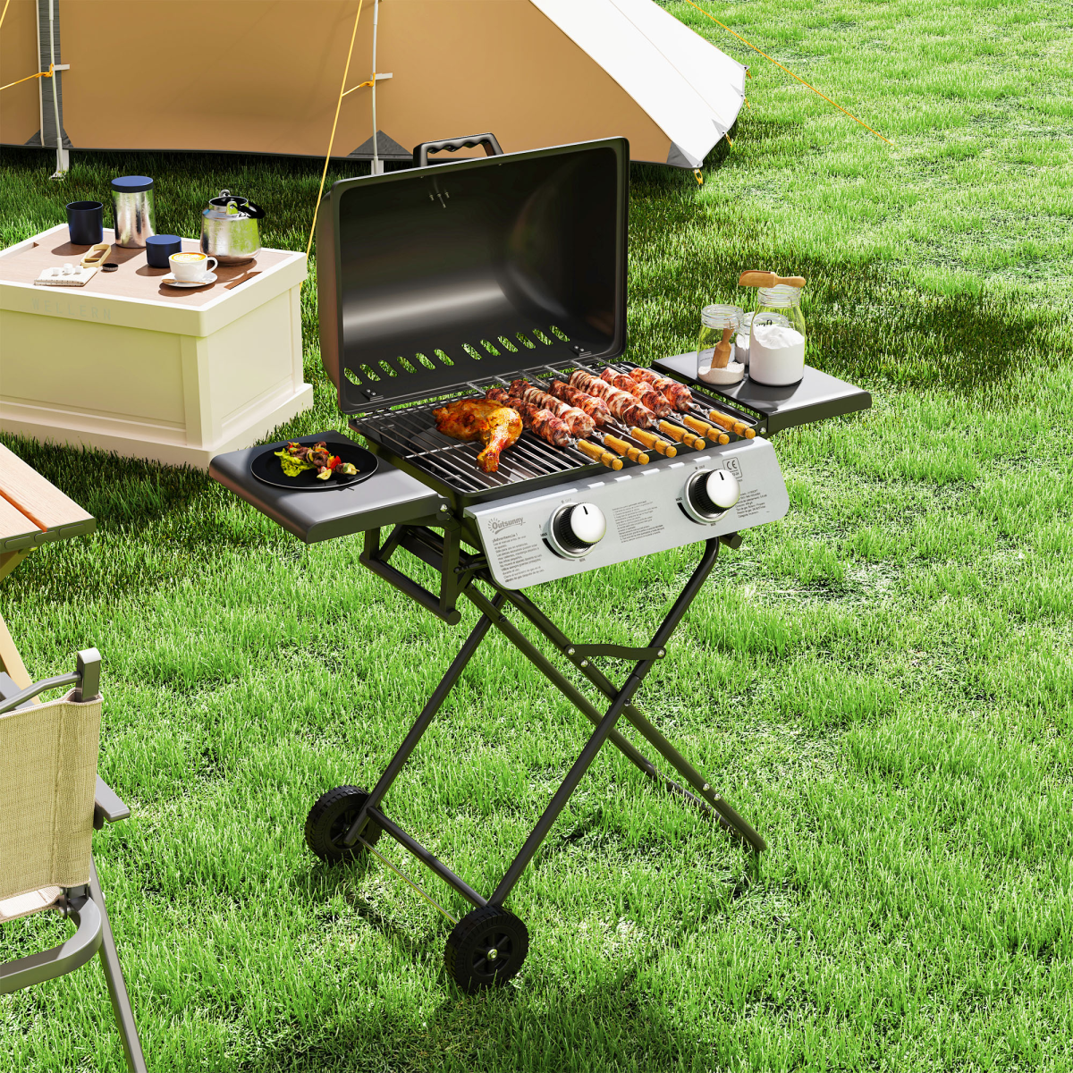 Outsunny Portable Foldable Gas Barbecue Grill with Thermometer, Black