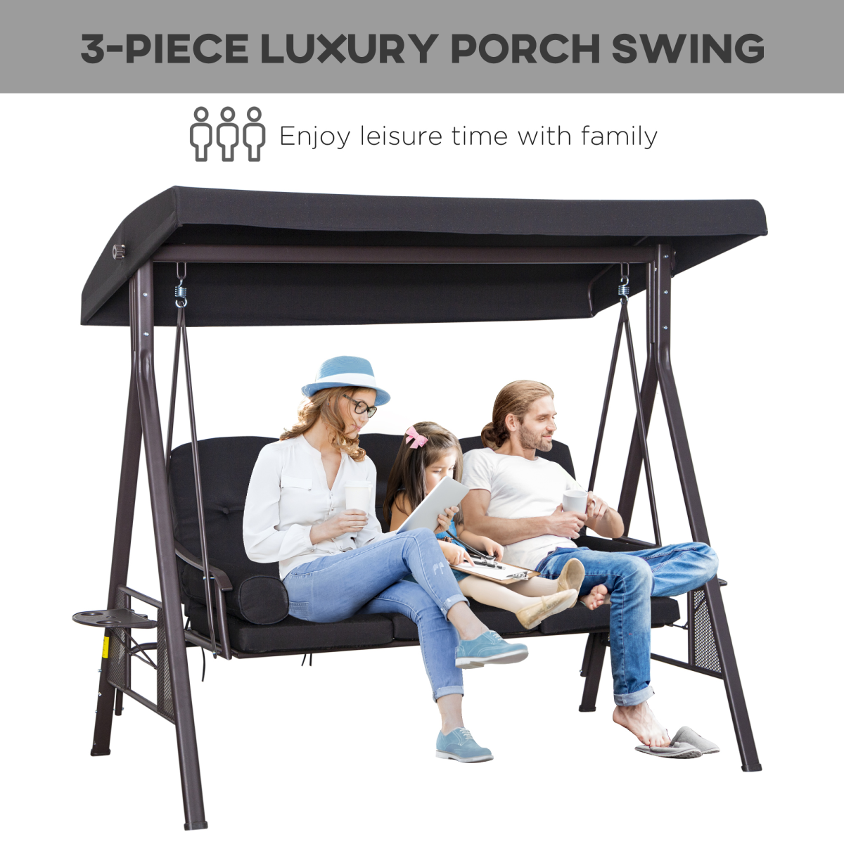 Outsunny 3 Seater Garden Swing Chair with Canopy & Cup Trays, Black