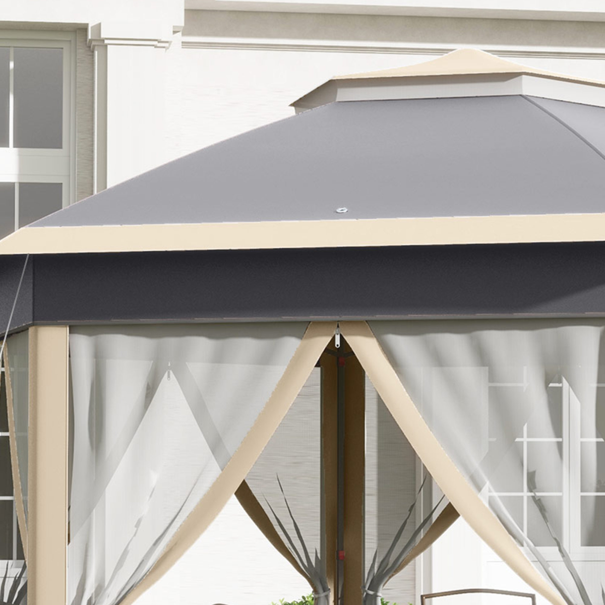 Outsunny 3x4m Hexagon Pop Up Gazebo with Metal Frame and Mesh Curtains, Khaki