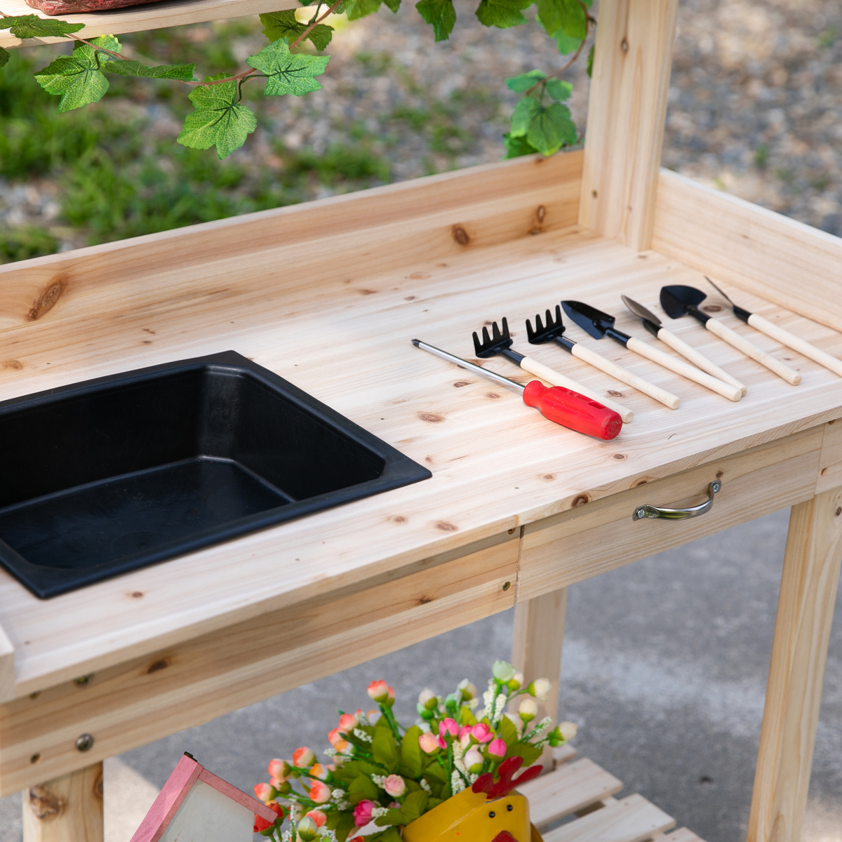 Outsunny Wooden Potting Table with Removable Sink, Drawer, Shelves and 2 Wheels, 92 x 45 x 119cm