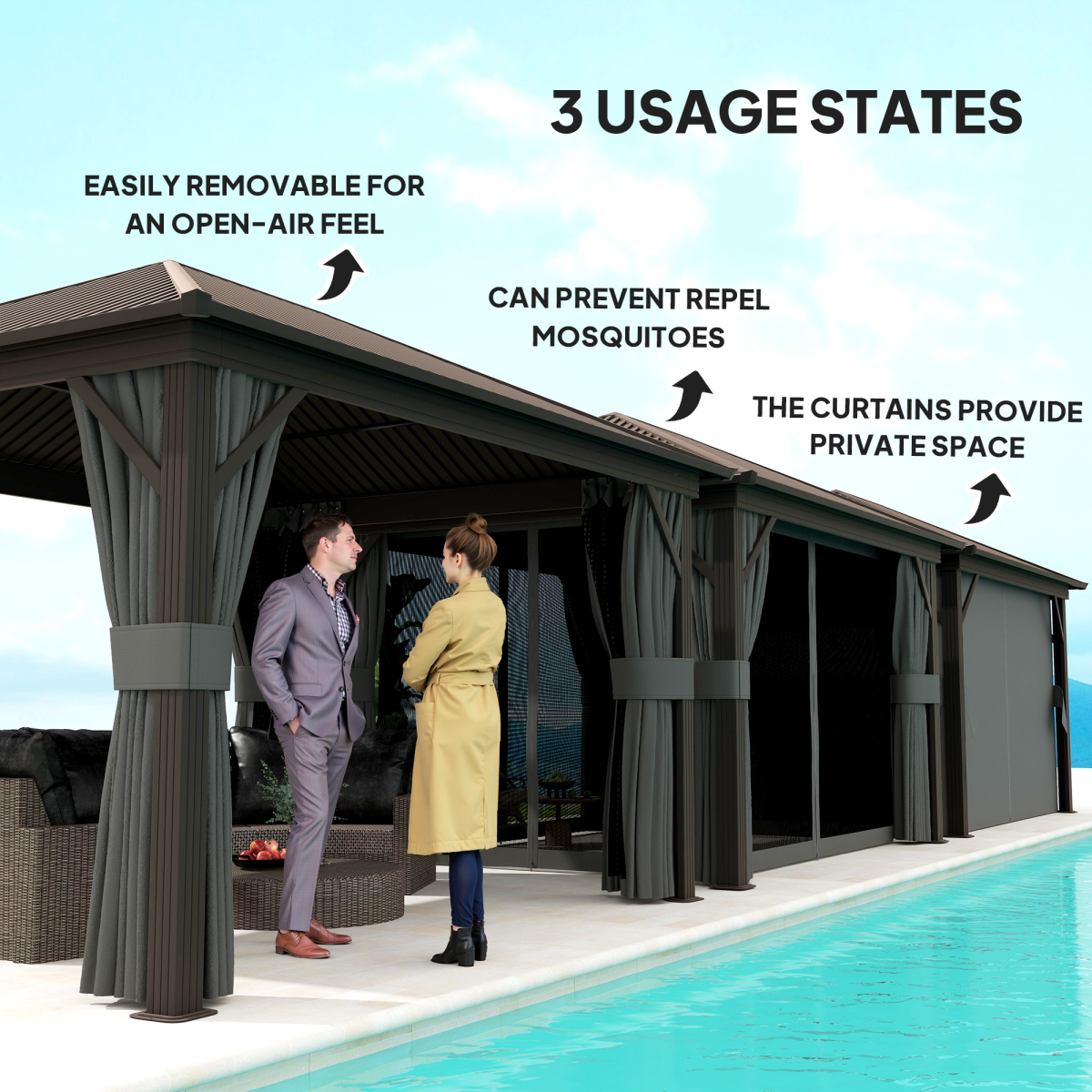 Outsunny 3.6 x 3m Hardtop Garden Gazebo with Screen Curtains, Dark Grey