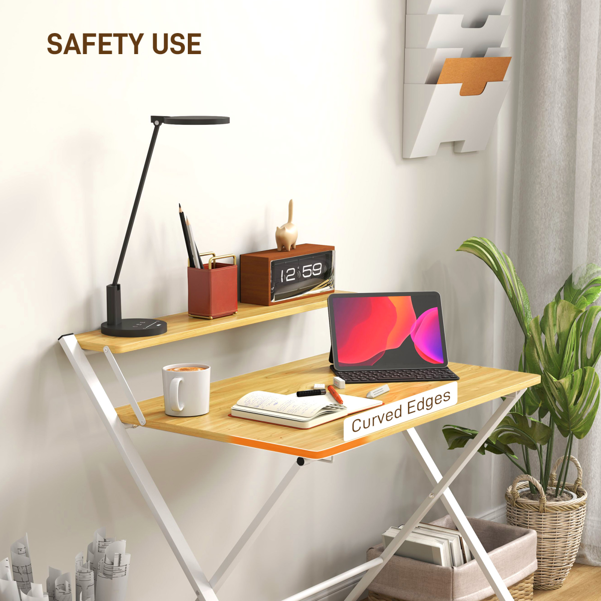 HOMCOM Folding Desk with 2-Tier Shelf, Maple Wood-Effect