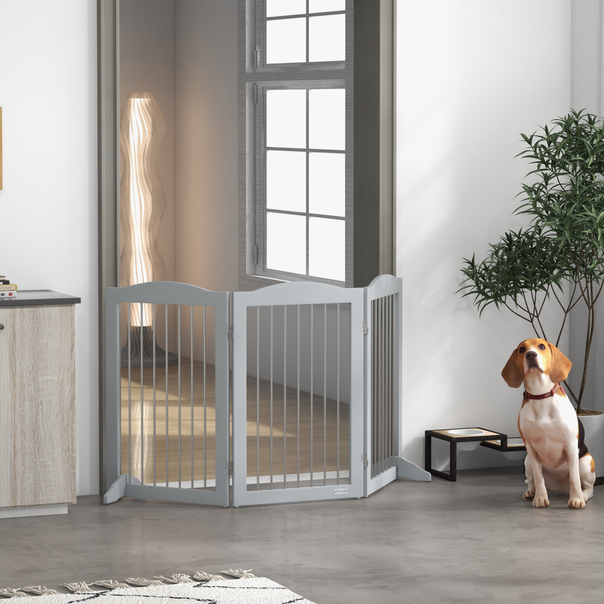 PawHut Foldable Freestanding Dog Gate with 2 Support Feet, Grey