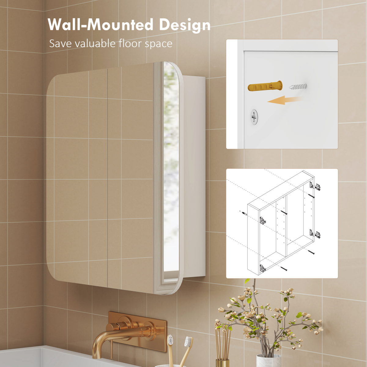 HOMCOM Arched Wall-Mounted Bathroom Mirror Cabinet, White