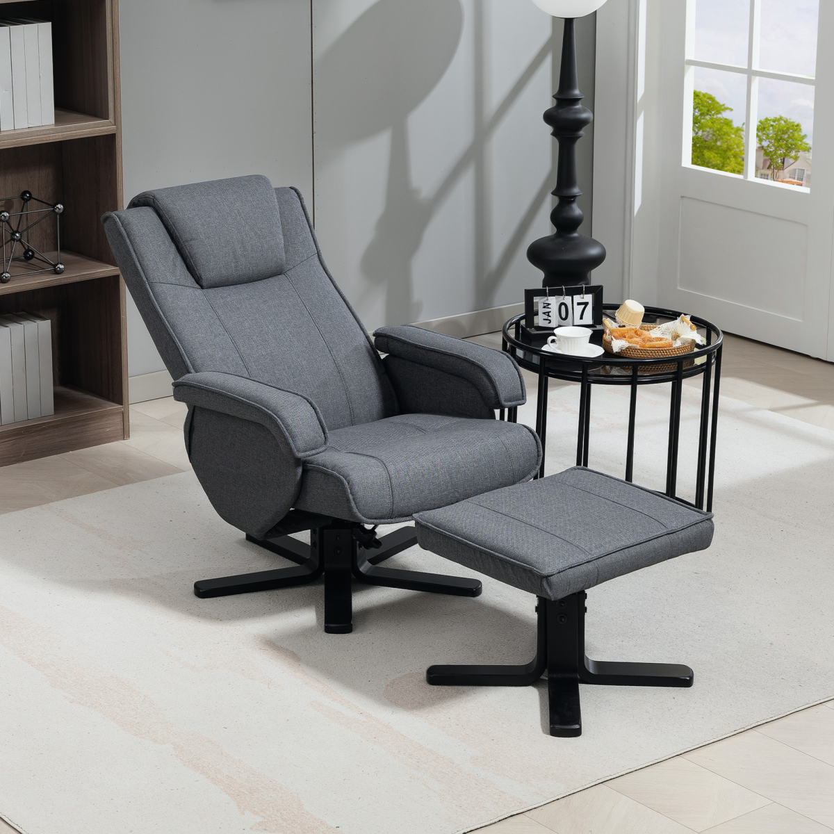 HOMCOM Linen Swivel Rocker Recliner Chair with Footstool, Grey