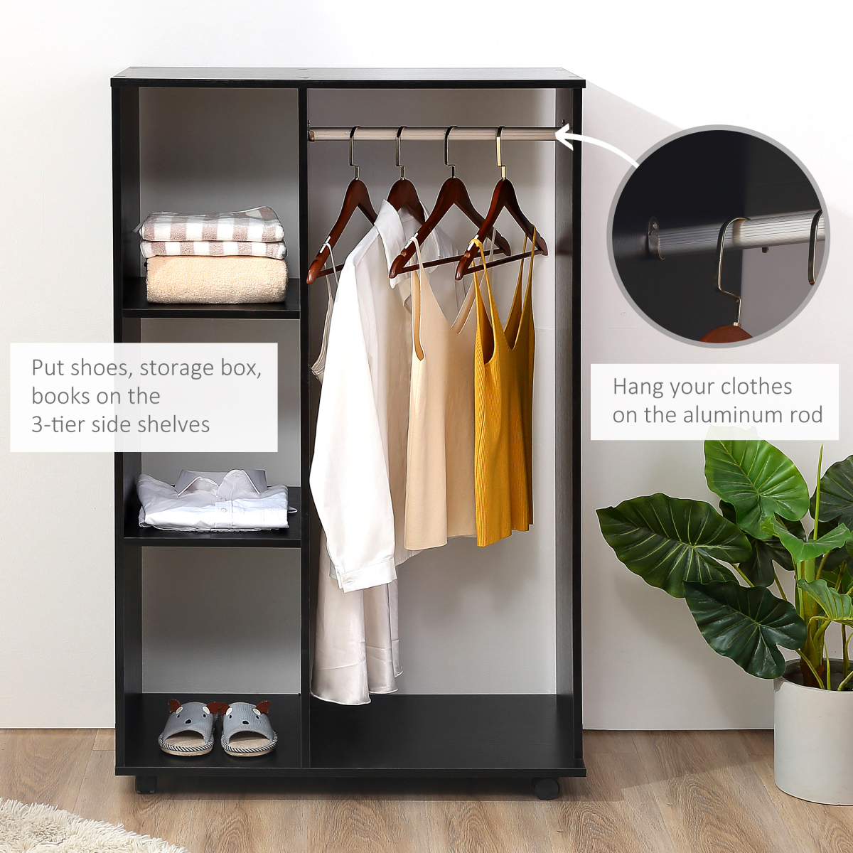 HOMCOM Rolling Open Wardrobe with Hanging Rail and Shelves, Black