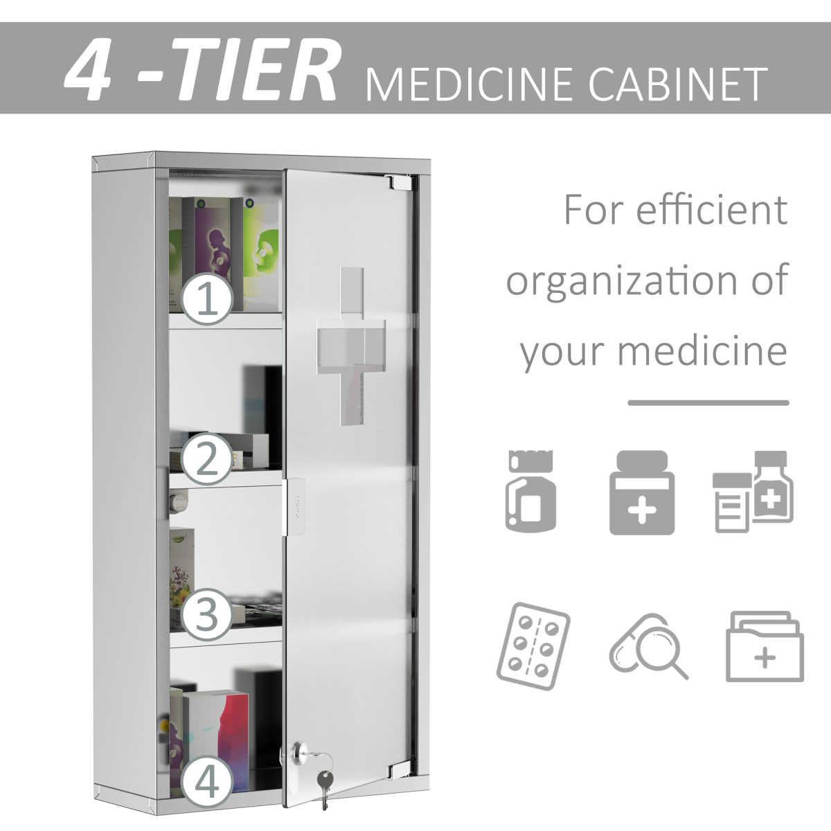 Wall Mounted First Aid Medicine Cabinet with Locking Door, 4-Tier 430 Stainless Steel, 60H x 30W x 12Dcm, Unbranded