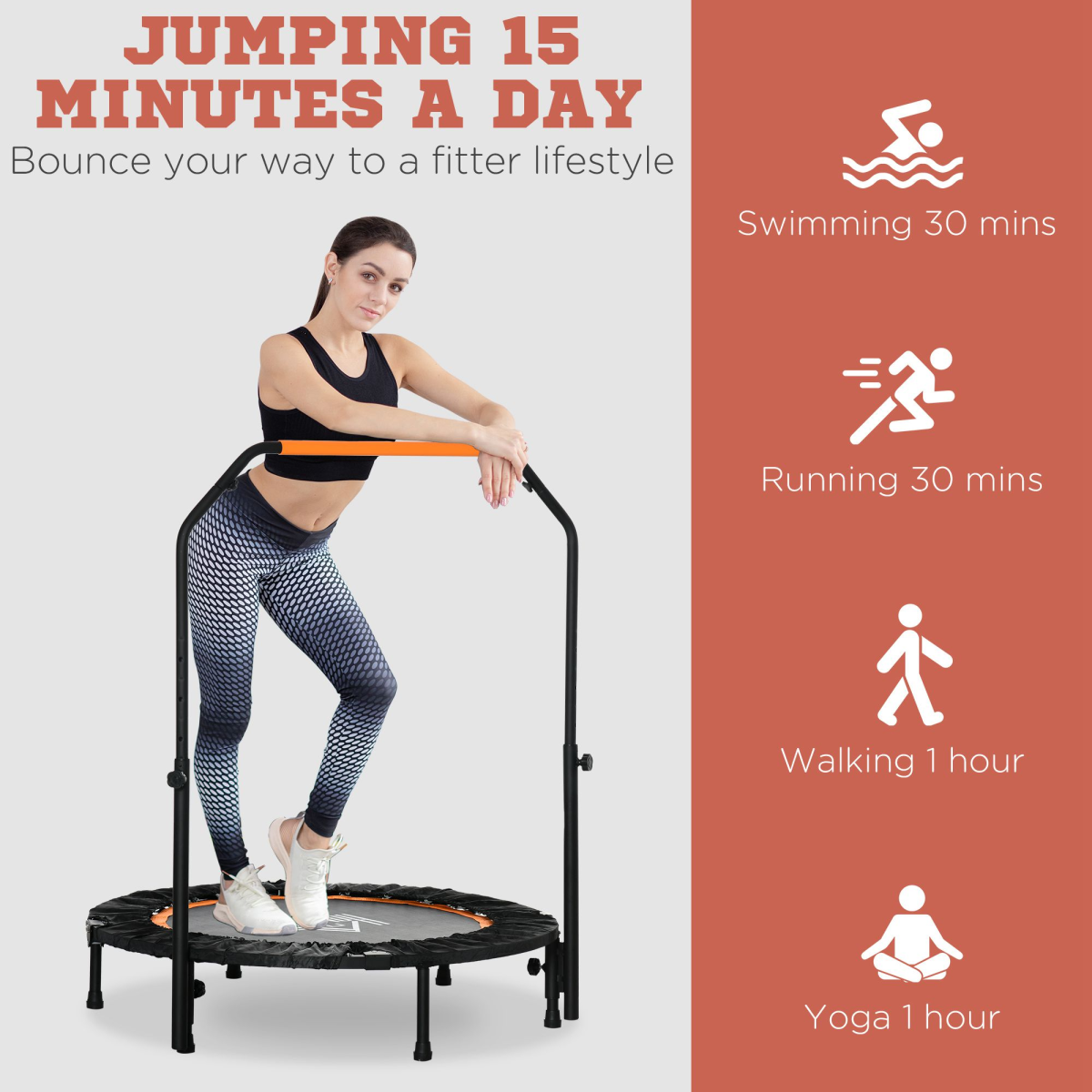 40in Foldable Mini Fitness Trampoline Rebounder with Adjustable Foam Handle