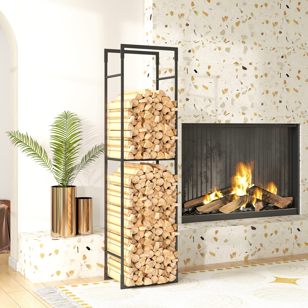 Outsunny Metal Firewood Rack with Adjustable Shelf, Black