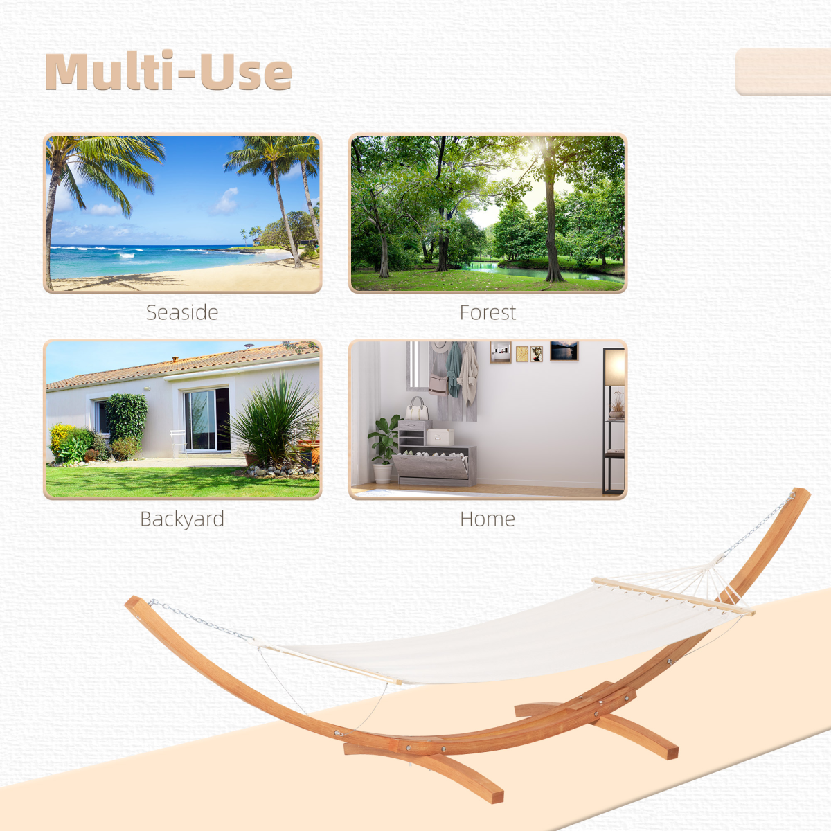 Outsunny Outdoor Garden Hammock with Wooden Stand, Curved Wooden Frame, Wide Cotton Hanging Bed, White
