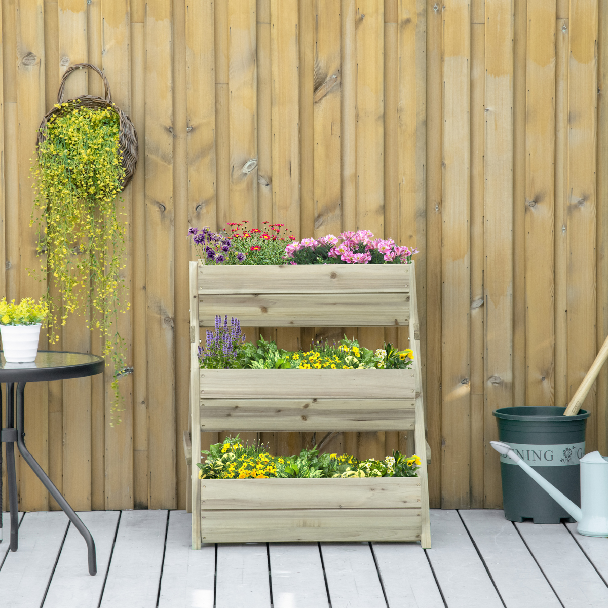 Outsunny 3 Tier Wooden Raised Garden Bed Kit for Flowers, Vegetables and Herbs, 120x68x80cm, Green
