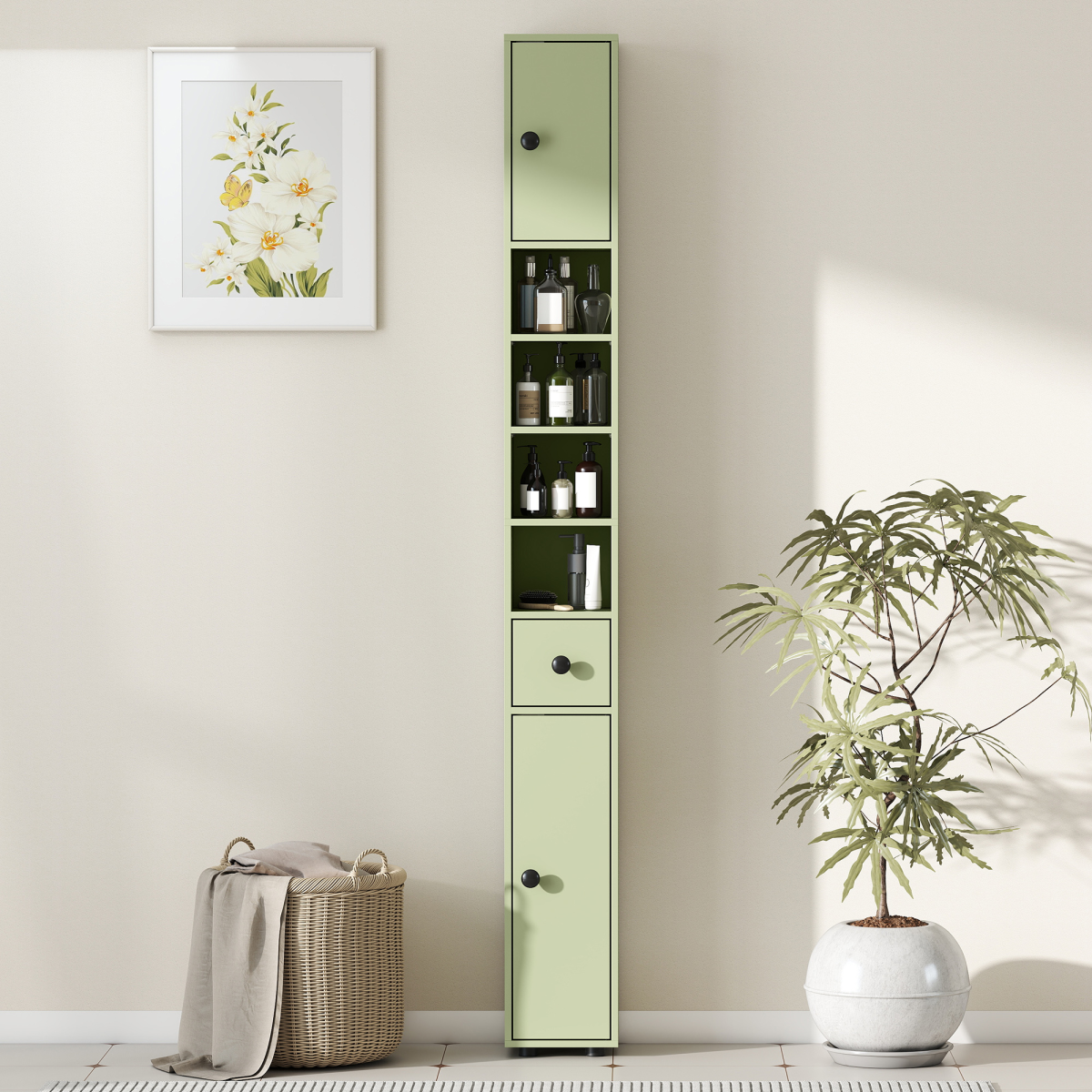 kleankin Slim Bathroom Storage Cabinet with Drawer & Open Shelves, Green