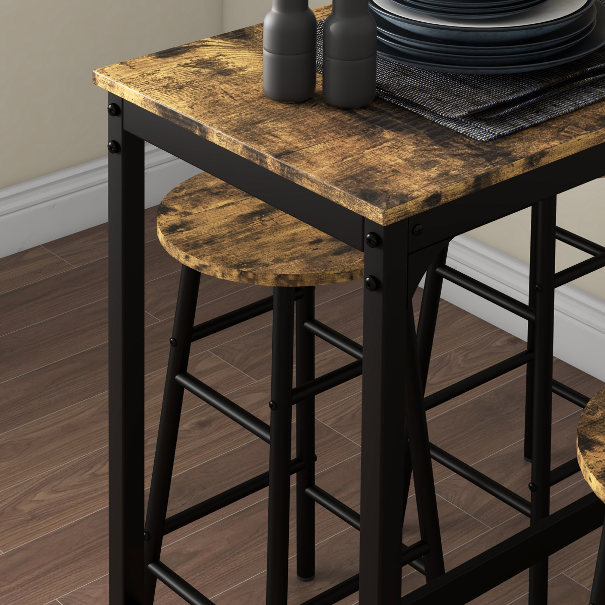 HOMCOM 5 Piece Industrial Bar Table and Stools Set, Rustic Brown