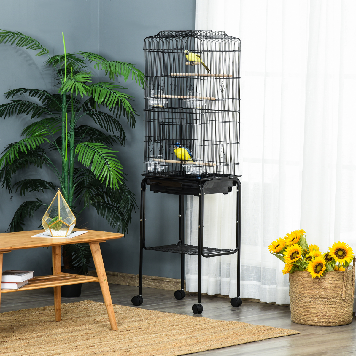 PawHut Metal Bird Cage with Rolling Stand, Slide-Out Tray and Storage Shelf, Black