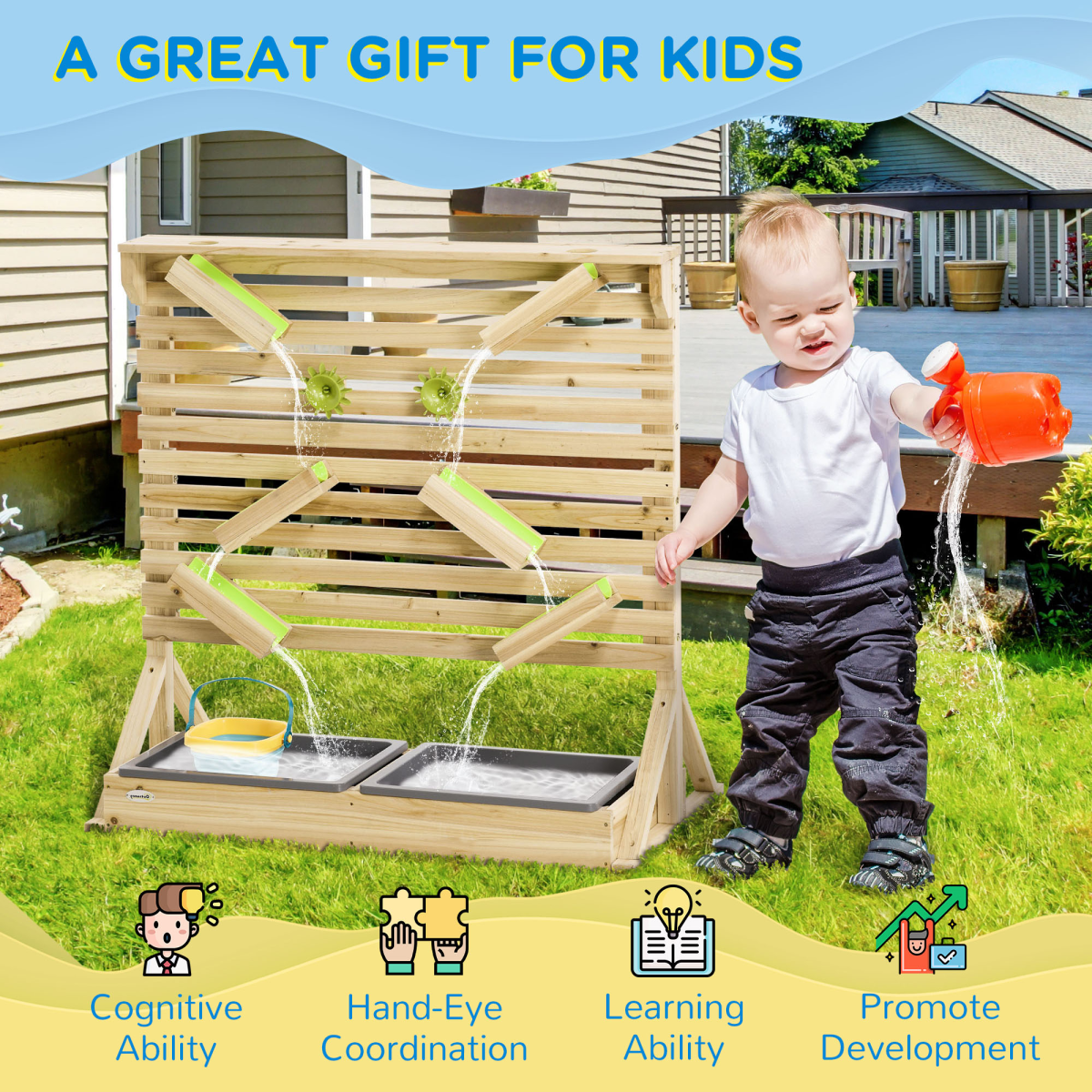 Outsunny Kids Sand and Water Playset with 18 Accessories, Dual Sinks, Water Tracks and Carts, Fir Wood, Ages 3-7