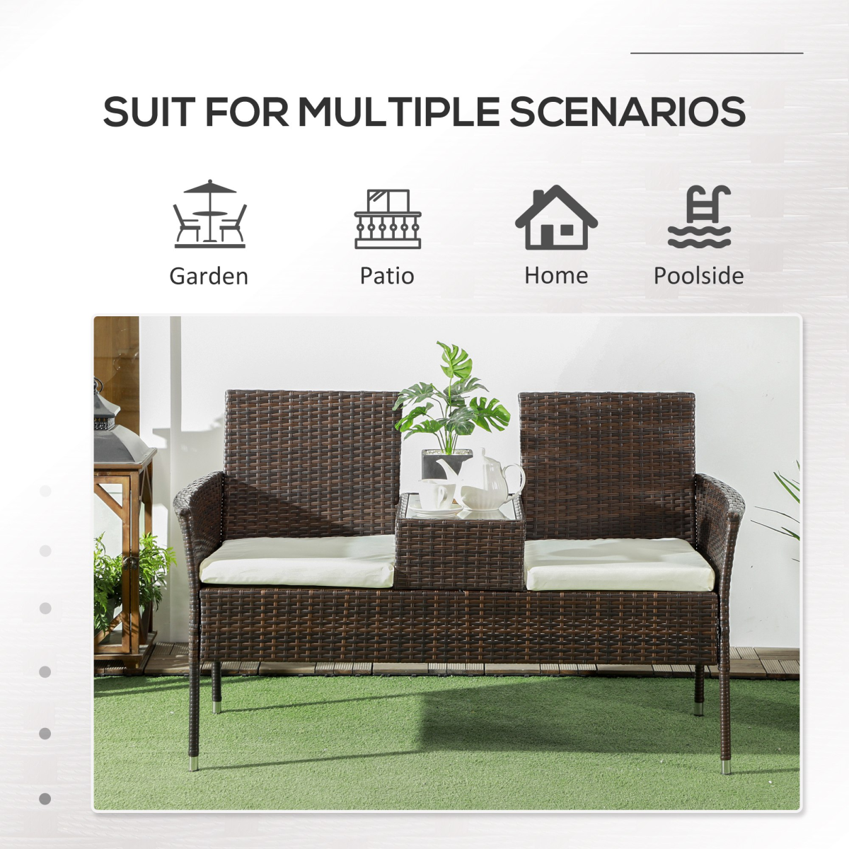 Outsunny 2 Seat Rattan Garden Bench with Middle Table, Tempered Glass Top and Padded Cushions