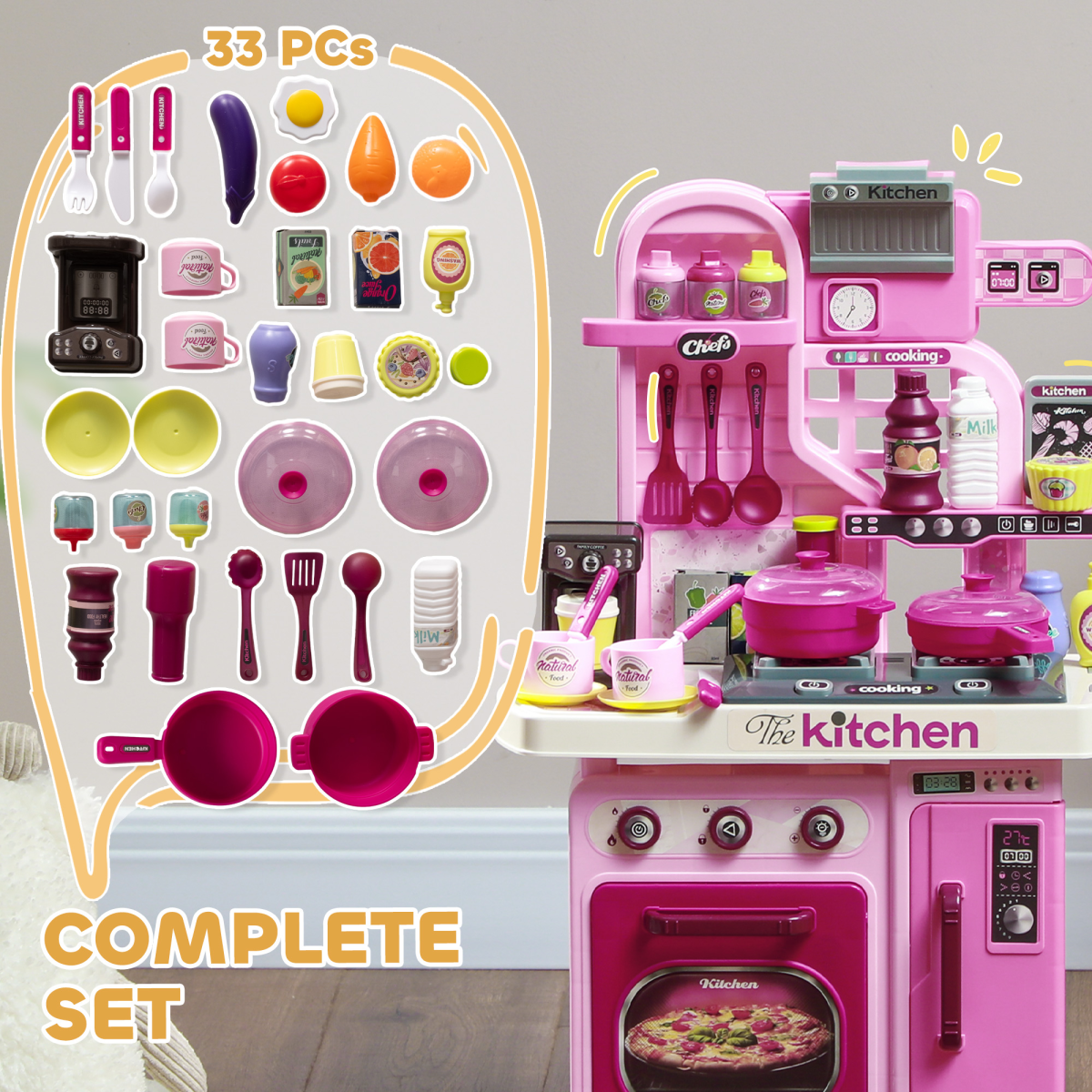 AIYAPLAY Kids Kitchen Playset, 33-Piece, Lights, Sounds, Storage