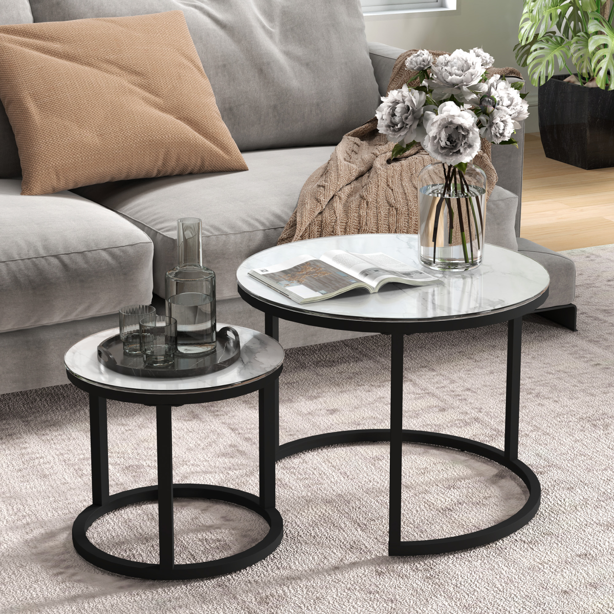 HOMCOM Round Glass Nesting Coffee Table Set of 2, Marble-Effect