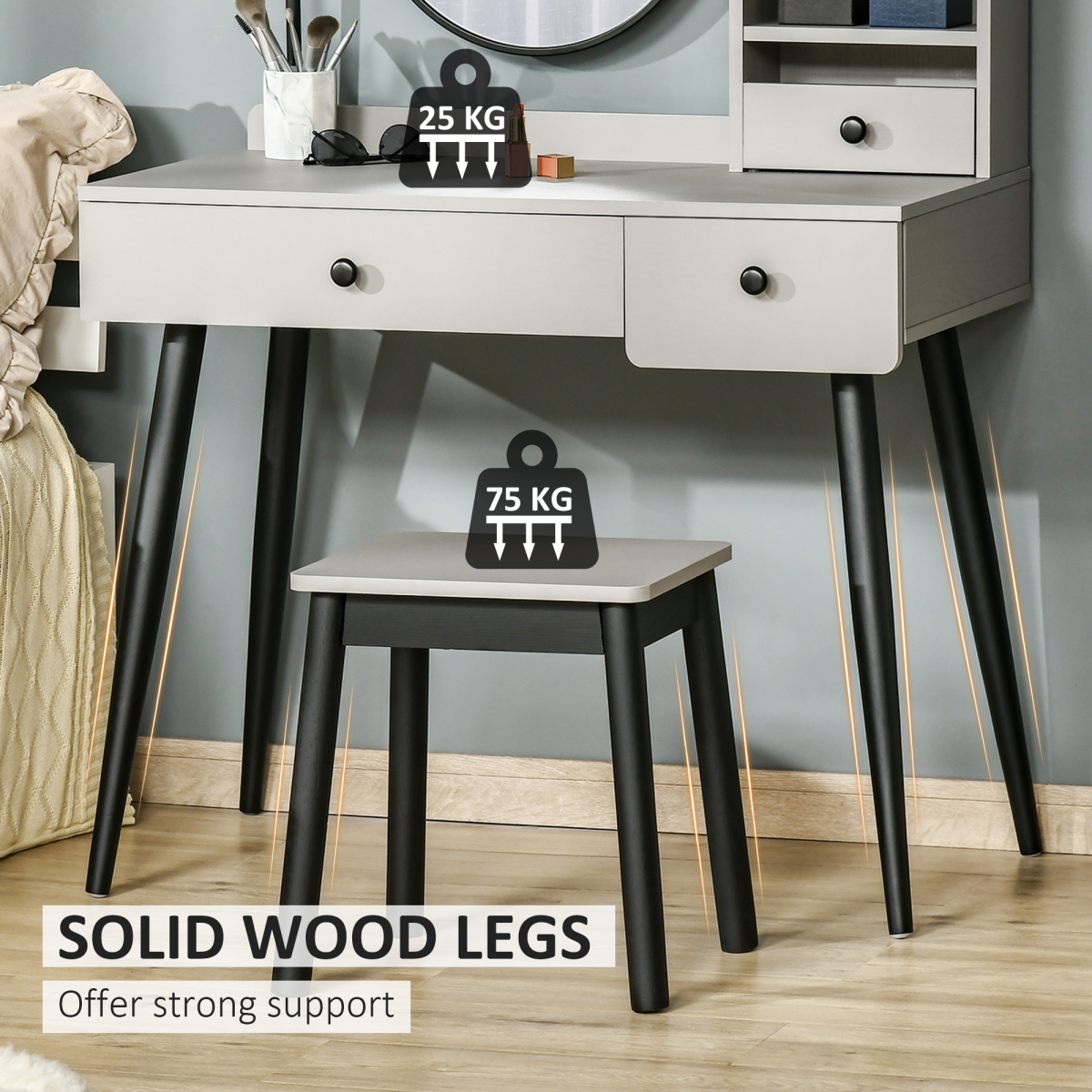 HOMCOM Dressing Table Set with Stool, 3 Drawers, Side Shelves and Fixed Mirror, Grey