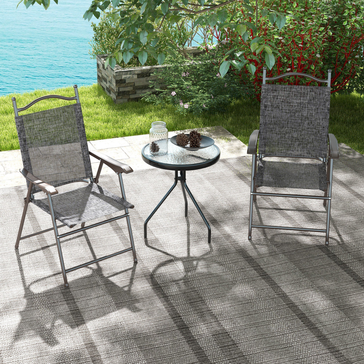 Outsunny Set of 2 Folding Chairs with Armrests, Breathable Mesh Seat, Grey