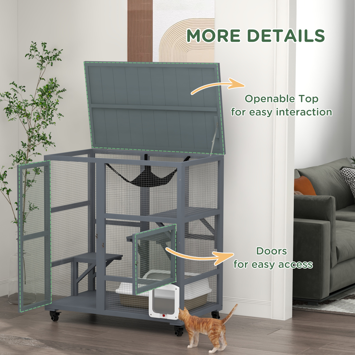 PawHut Outdoor Cat House Catio on Wheels with Platforms & Hammock