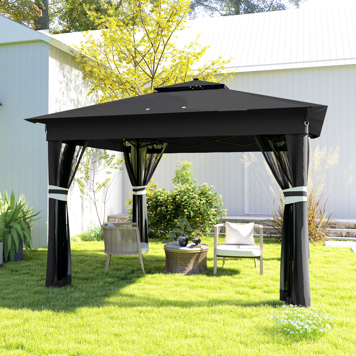 Outsunny 3 x 3m Pop Up Gazebo with Solar LED Lights and Netting, Black