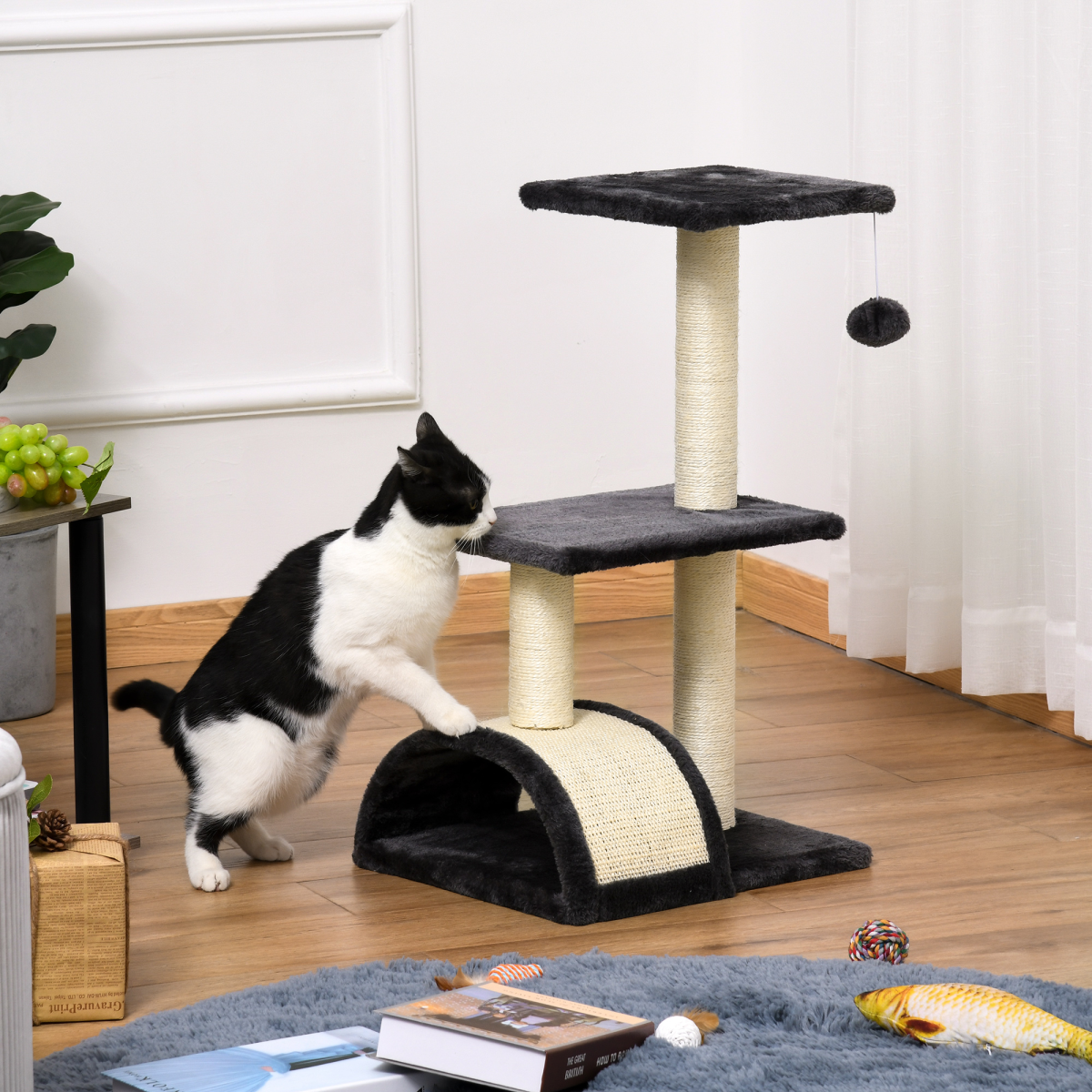 Grey Cat Tree Activity Center with Sisal Scratching Posts, Arched Scratching Pad, Perches and Hanging Play Ball