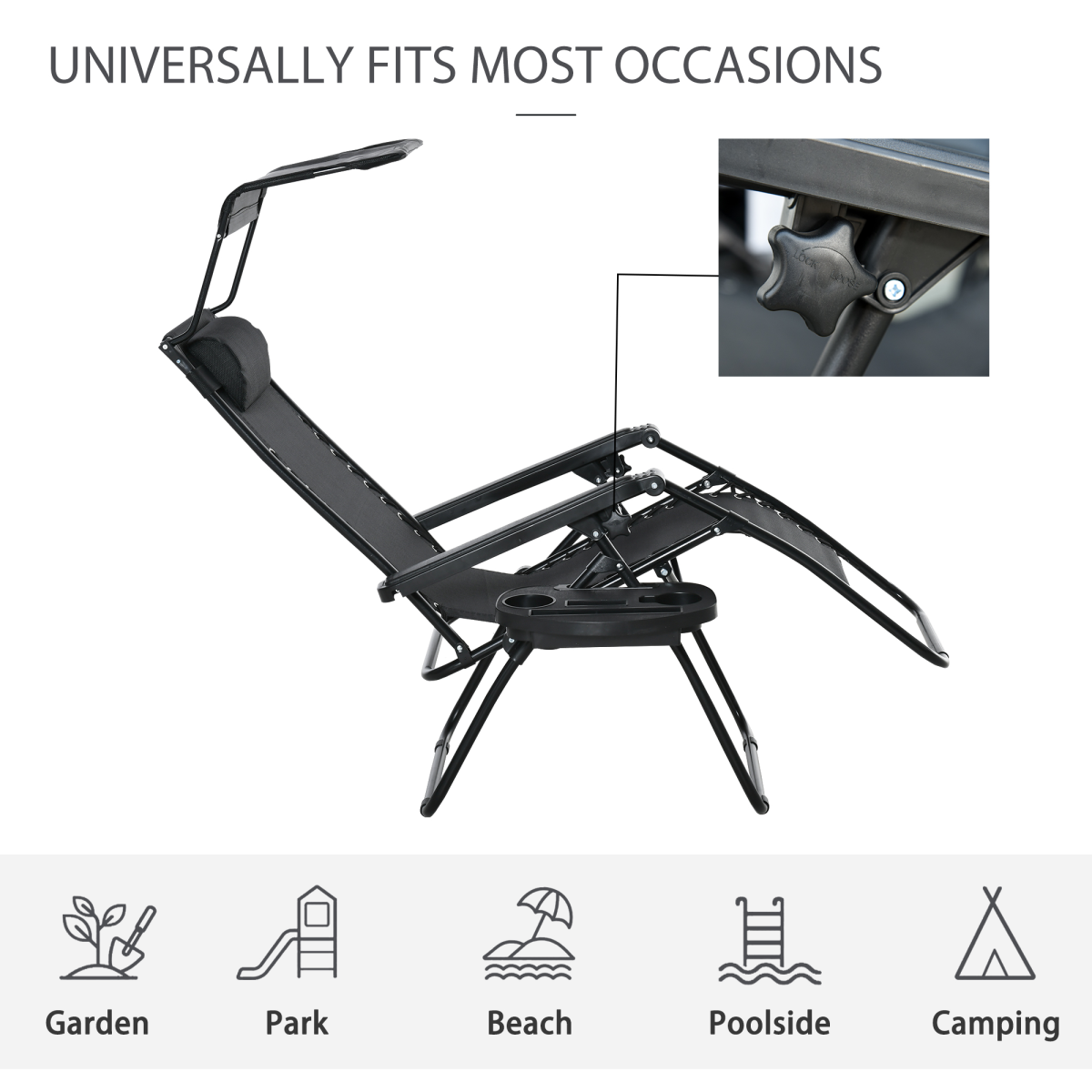 Outsunny Zero Gravity Folding Sun Lounger with Reclining Seat, Canopy and Removable Side Tray Holder, Black