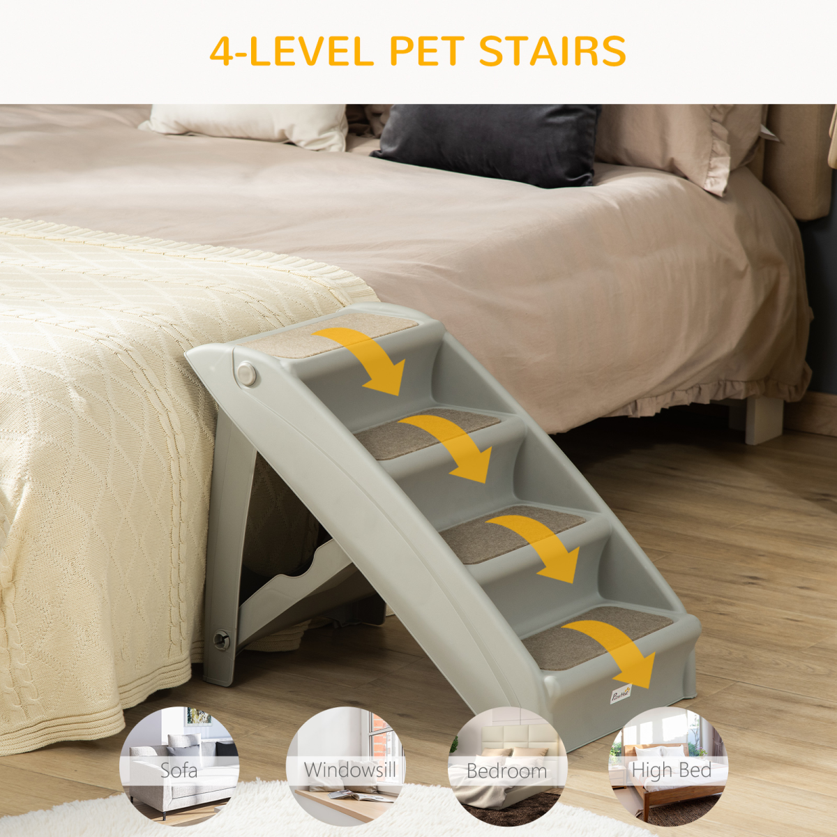 Foldable Non-Slip Pet Stairs for Cats and Small Dogs, Portable Dog Steps for Bed and Sofa, Grey