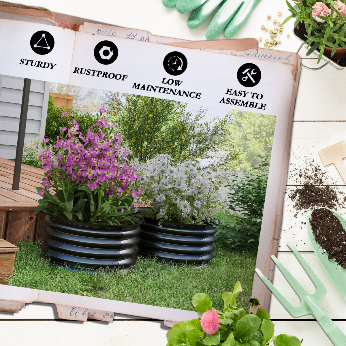 Outsunny Set of 2 Raised Metal Garden Beds with Safety Edging, Dark Grey