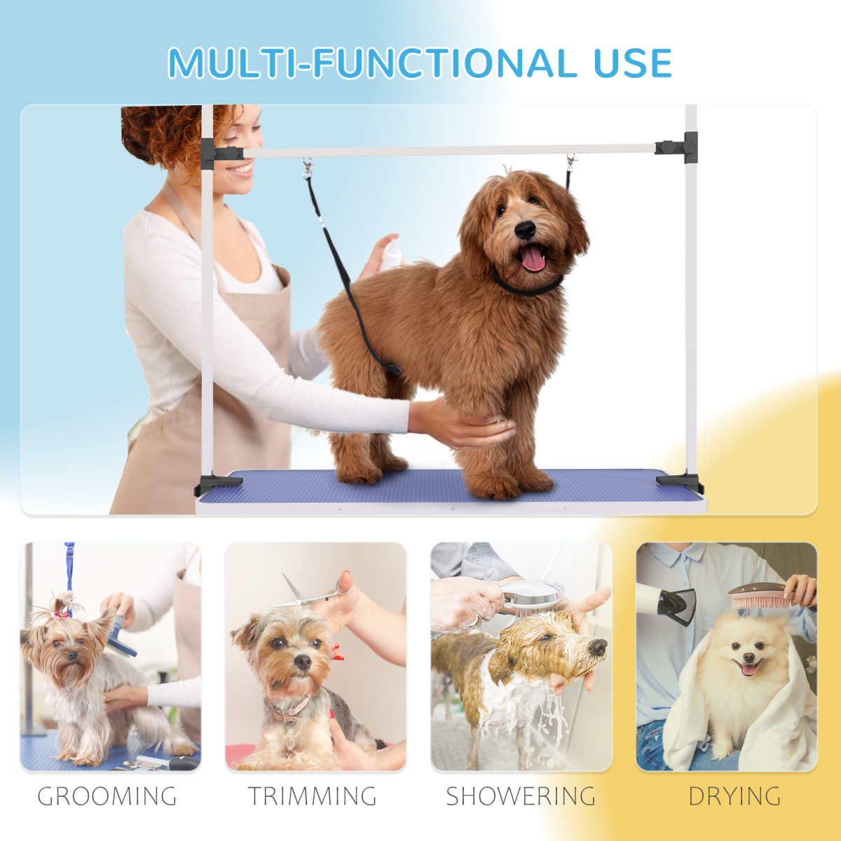 Adjustable Metal Dog Grooming Table with Rubber Top, 2 Safety Slings, Mesh Tray, PawHut