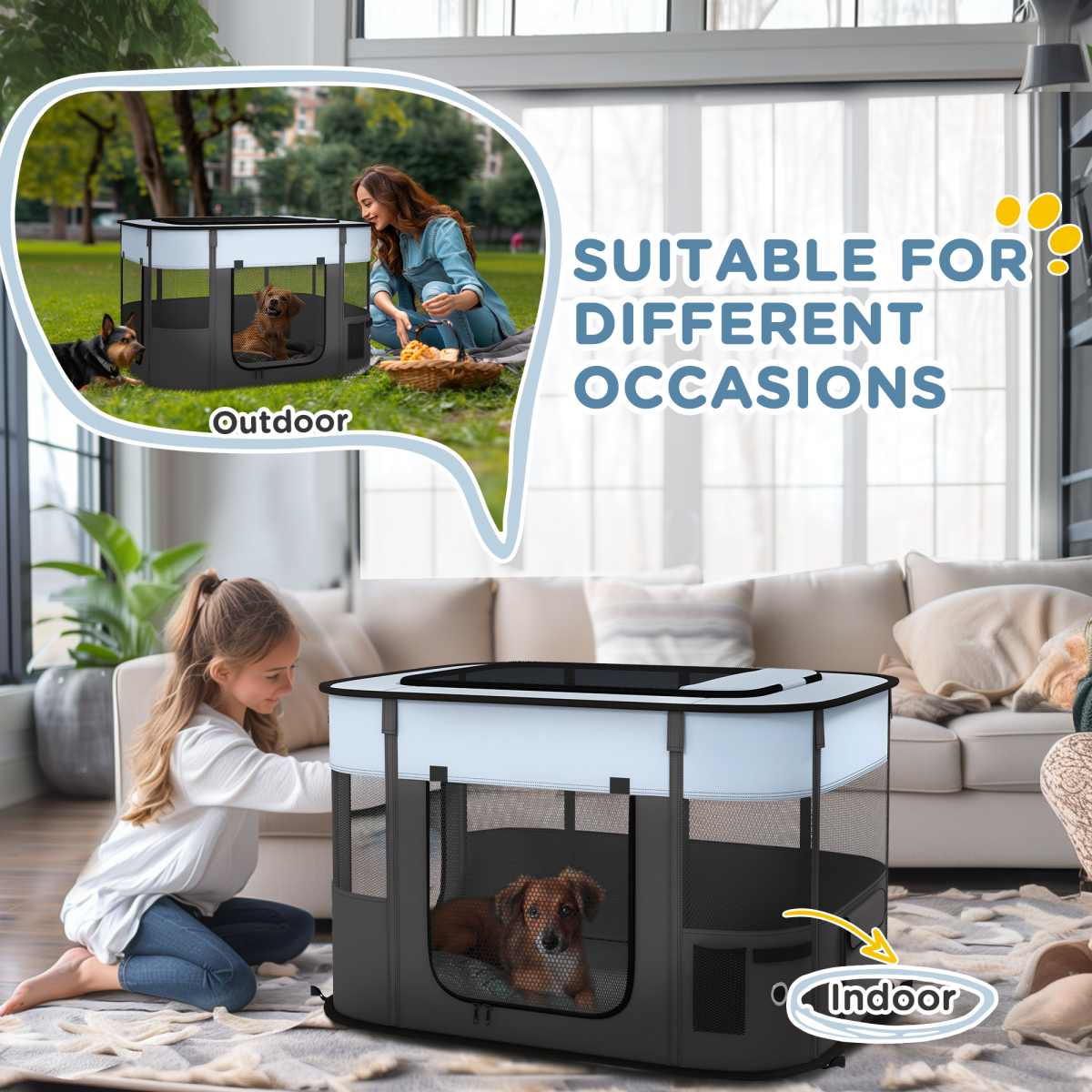 PawHut Foldable Portable Pet Pen with Mesh Windows, Grey