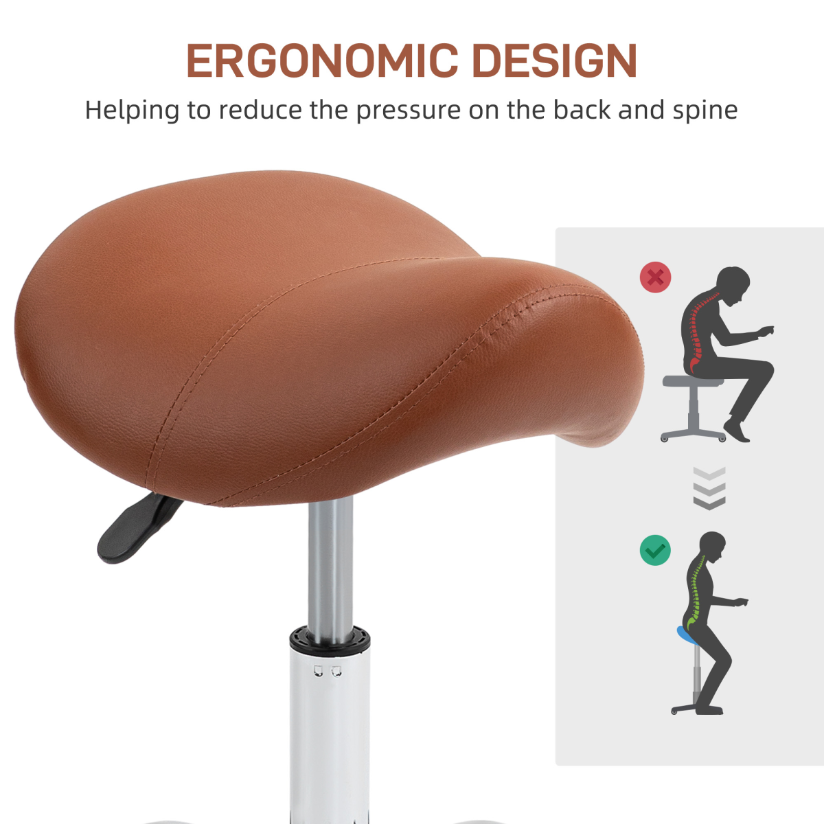 HOMCOM Adjustable Saddle Stool with Padded PU Leather Seat - Brown