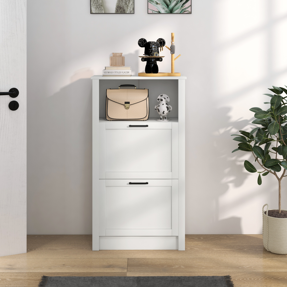 HOMCOM Modern Shoe Cabinet with 2 Flip Drawers, Adjustable Shelves, White