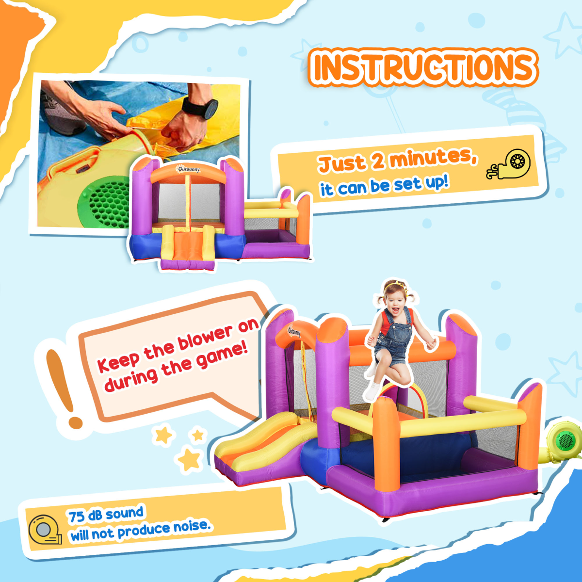 Outsunny Inflatable Bouncy Castle with Slide and Pool, Electric Blower Included, Multi-Color
