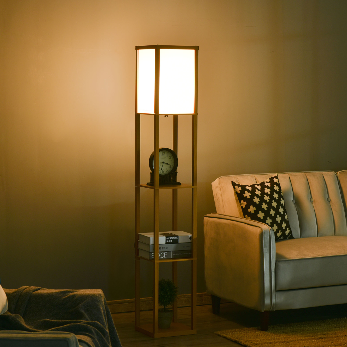 HOMCOM Floor Lamp with 3 Storage Shelves and Foot Switch, Natural