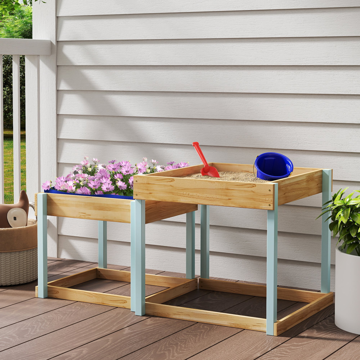 AIYAPLAY 2-Piece Wooden Sand & Water Play Tables with Liner