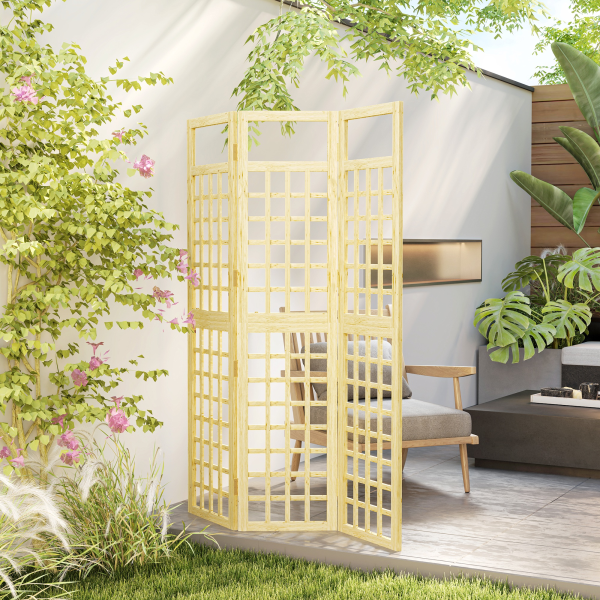Outsunny Folding 3-Panel Fir Wood Garden Privacy Screen
