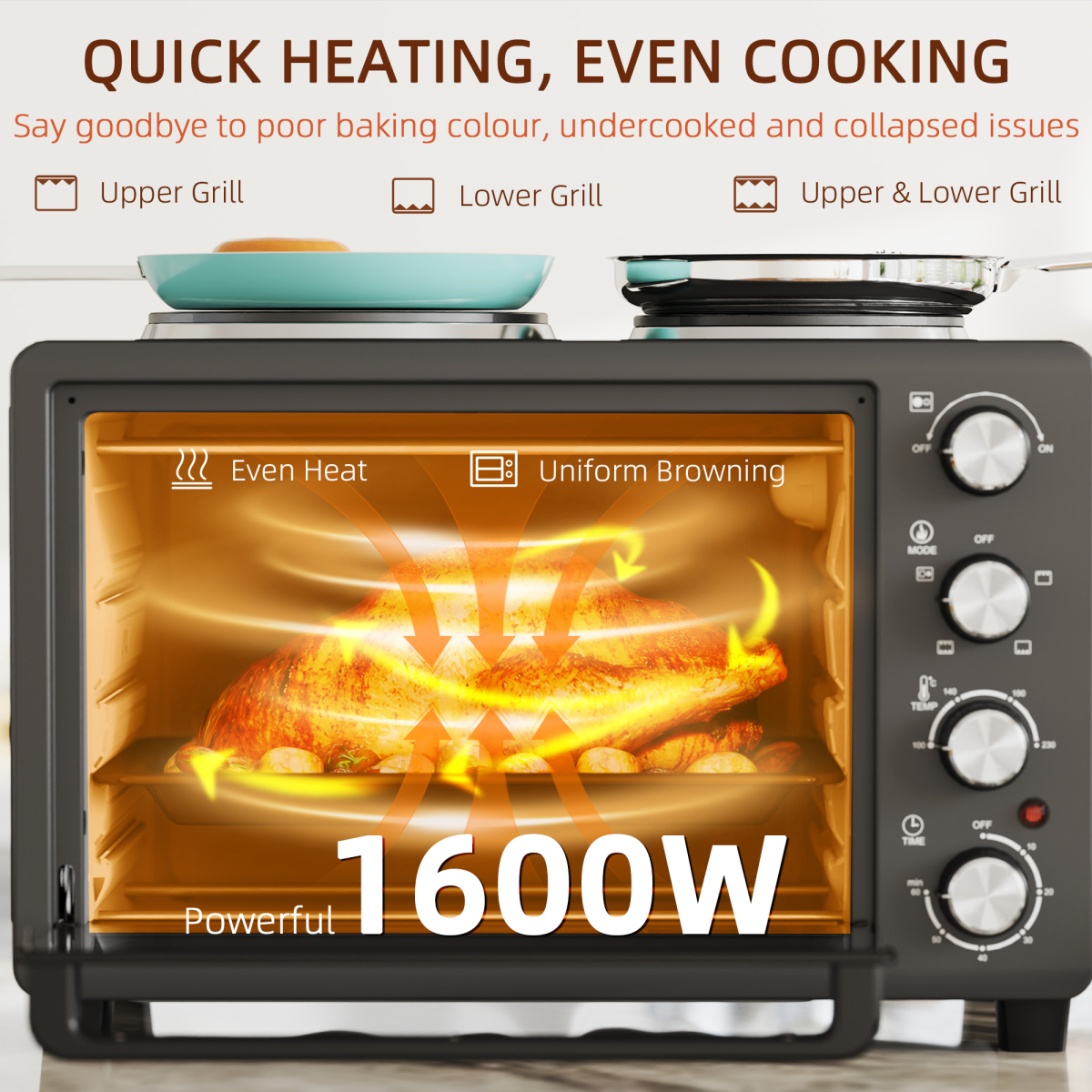 HOMCOM 28L Countertop Oven with 2 Hot Plates, Grill, Roast & Bake