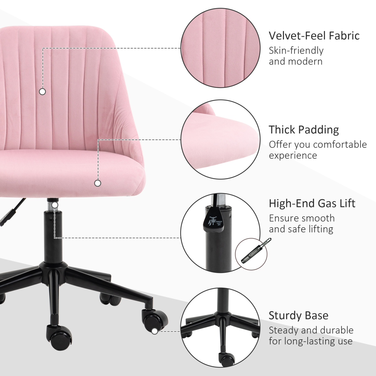 Vinsetto Pink Velvet Office Chair with Adjustable Height and Wheels