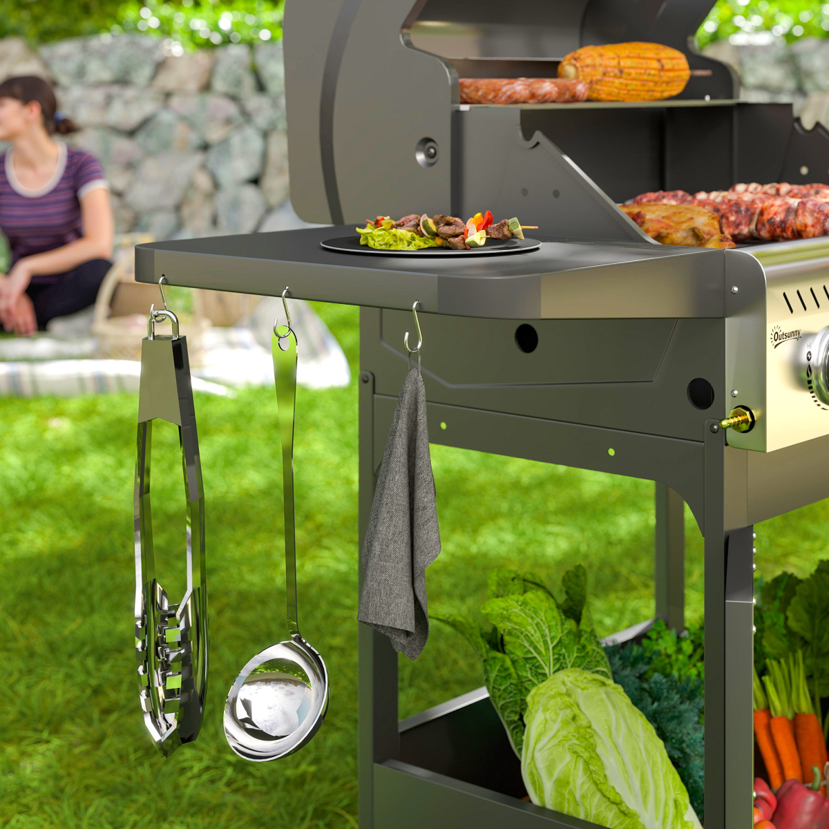 Outsunny 3-Burner Propane Gas BBQ Grill with See-Through Lid & Thermometer