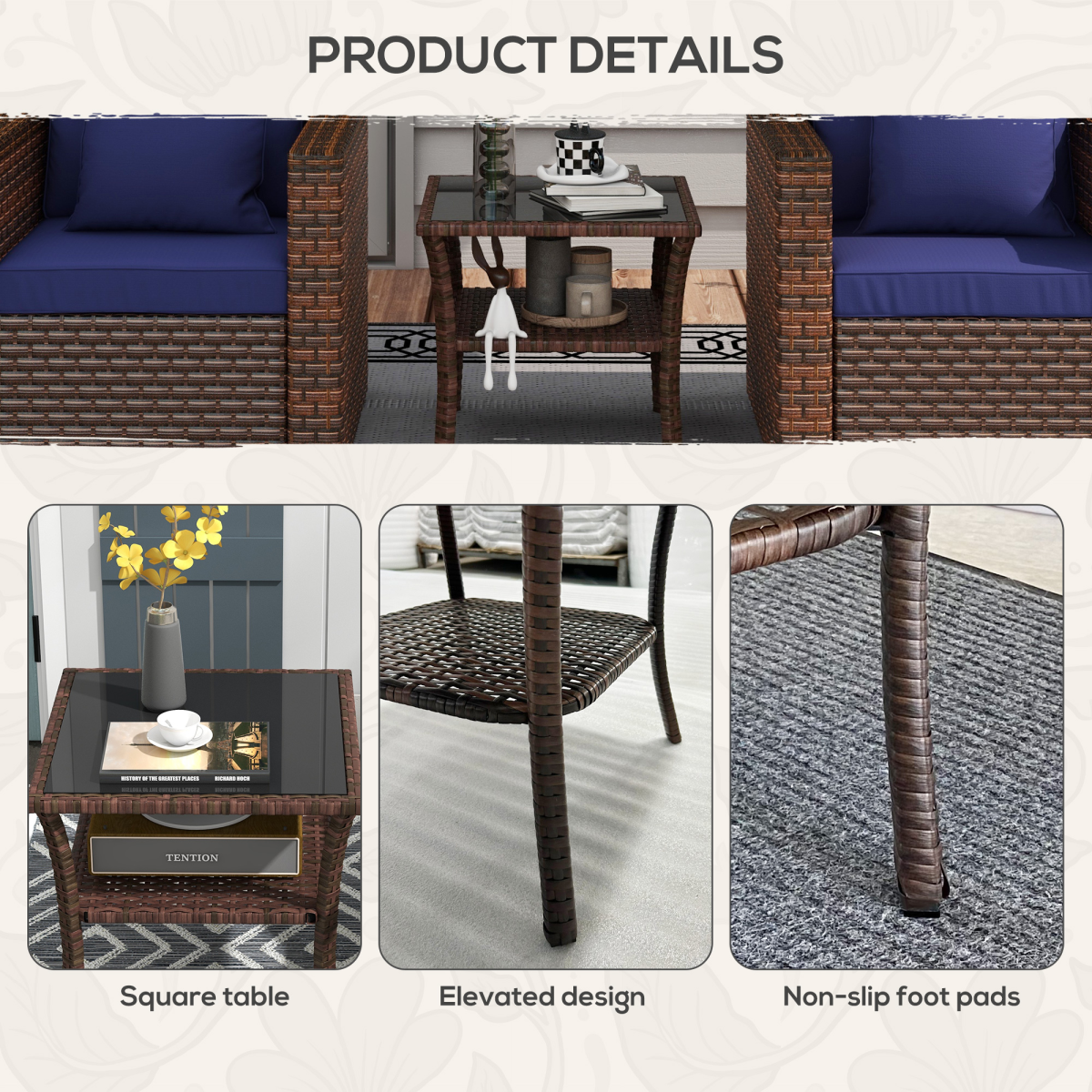 Outsunny PE Rattan Coffee Table, Two-Tier Table with Tempered Glass Top