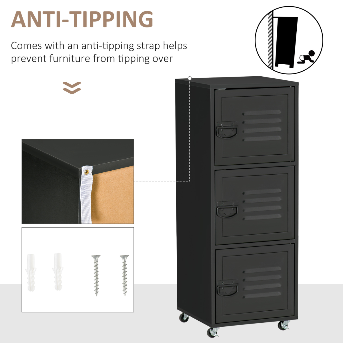 3-Tier Rolling Storage Cabinet with Wheels, Metal Doors, Black