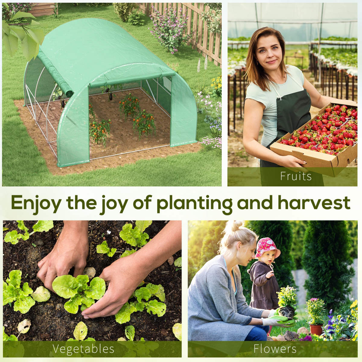 Outsunny 3 x 3 x 2 m Green Polytunnel Greenhouse with Steel Frame