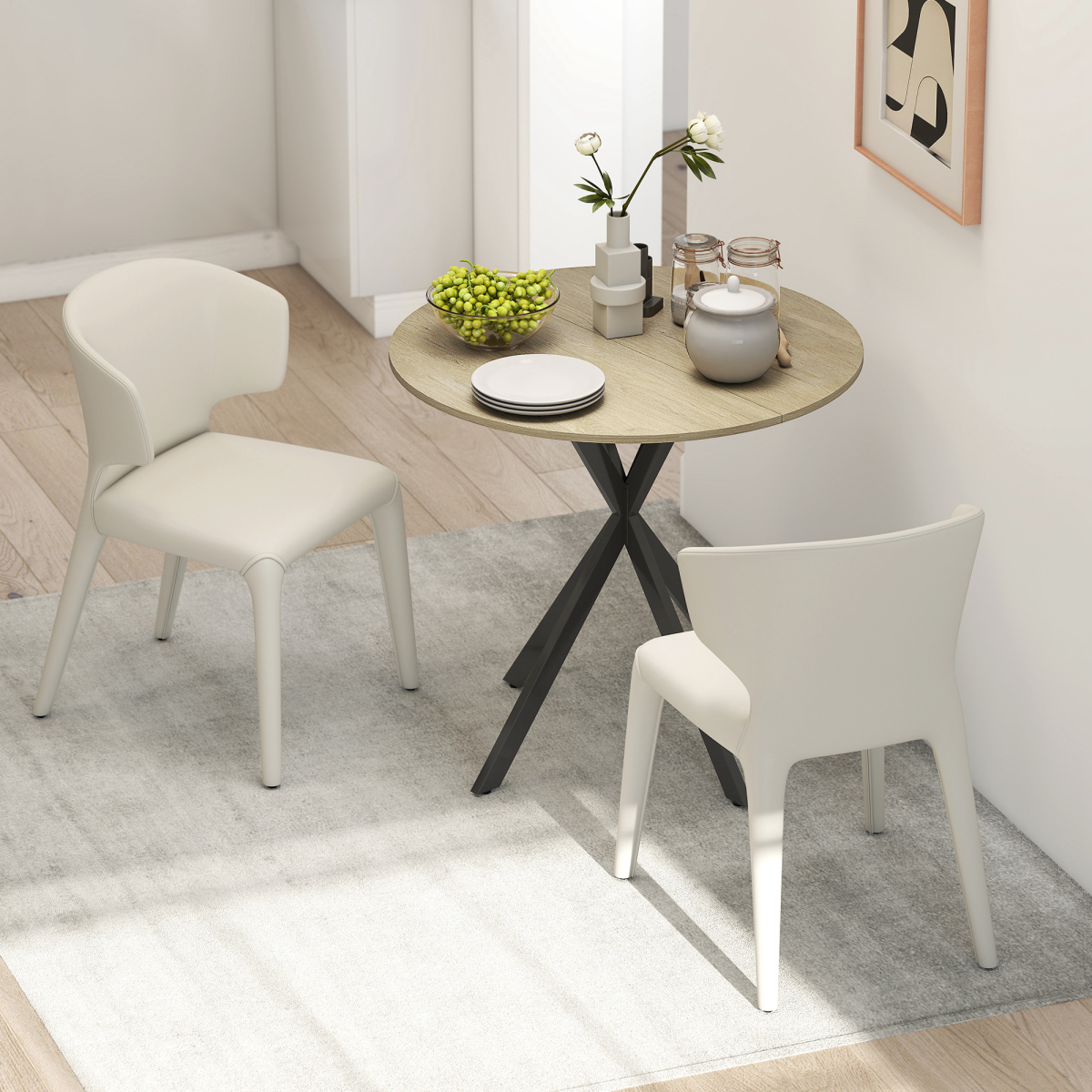 HOMCOM 80cm Round Dining Table, White Oak Effect with Steel Legs