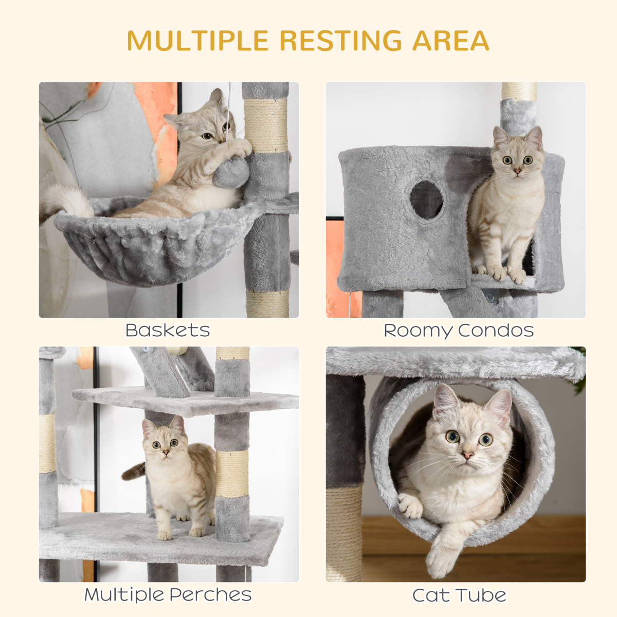 PawHut Adjustable 240-260cm Floor to Ceiling Cat Tree with 2 Cat Houses, 2 Ramps, 2 Hammocks, Tunnel, Toy Balls and Scratching Posts