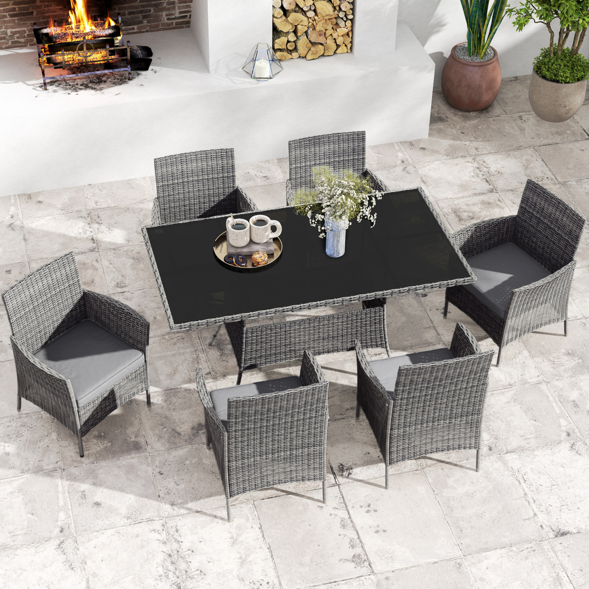 Outsunny 7-Piece PE Rattan Garden Dining Set with Cushions, Glass Top Table