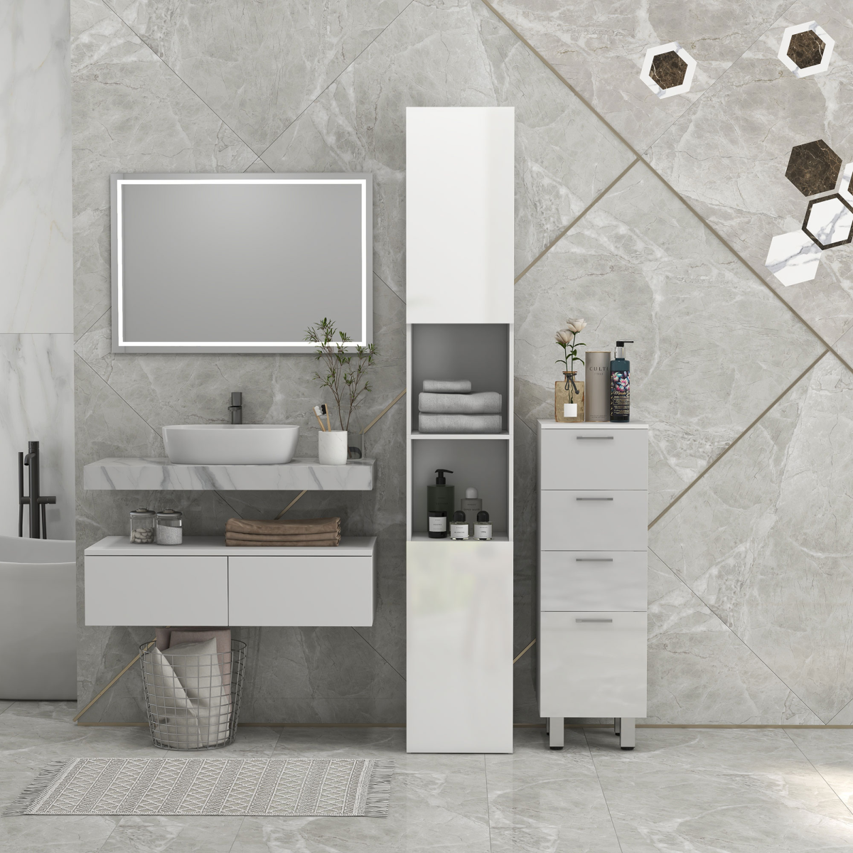 kleankin Bathroom Storage Cabinet, High Gloss White, Adjustable Shelves