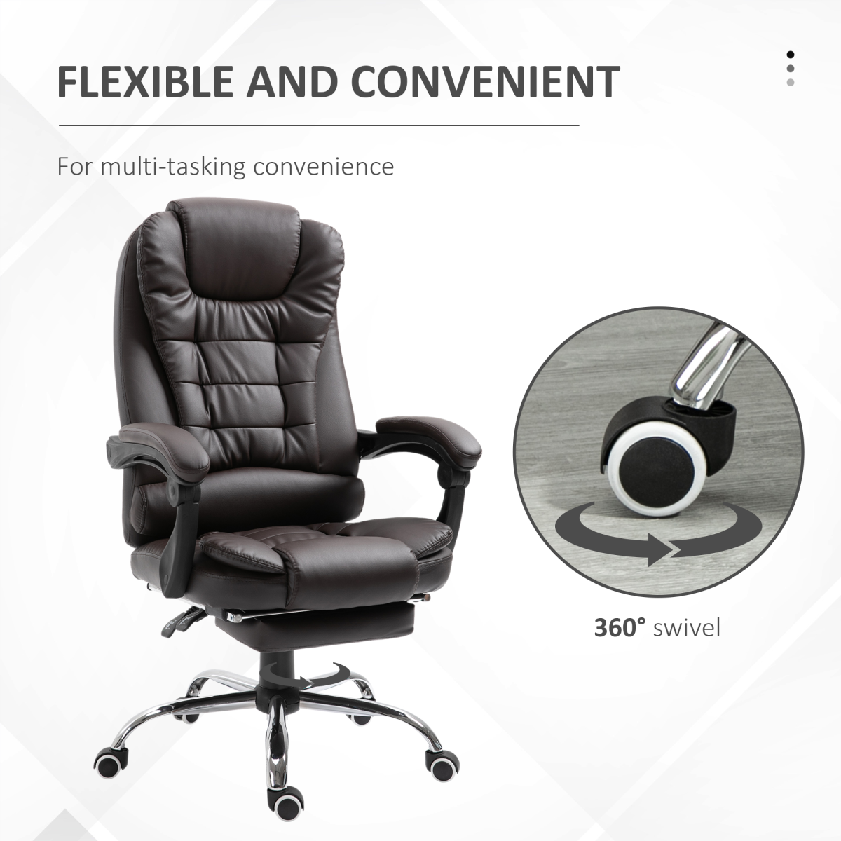 High Back Executive Office Chair with Reclining Backrest, Retractable Footrest, Swivel Wheels, Brown