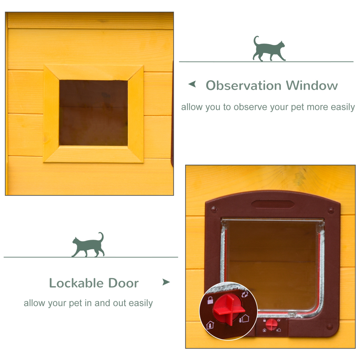 Wooden Outdoor Cat House with Openable Roof, Waterproof Asphalt Roof, Transparent Window, Lockable Door, Detachable Legs, Solid Fir Wood Frame